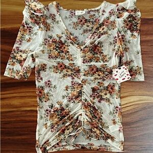 FREE KISSES Sheer Rose Ruched Bubble Shoulder Top Size L Brown Cream Rustic